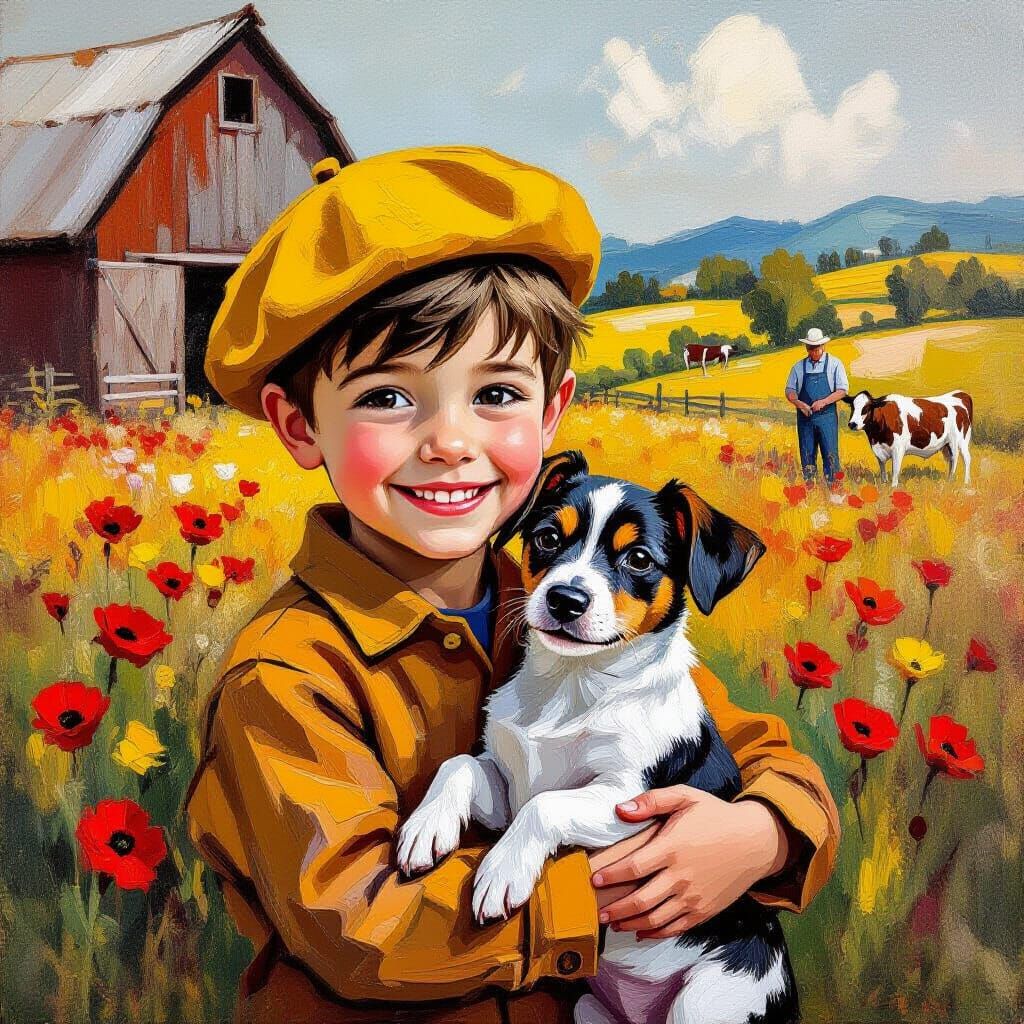 Boy and Dog in Poppy Field, Impasto Painting