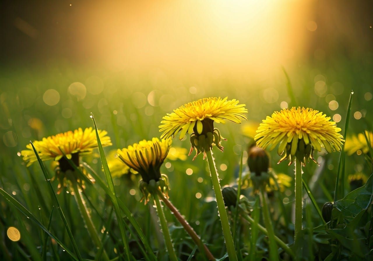 Delicate Dandelions in Soft Rain, with Macro Photography Sty...