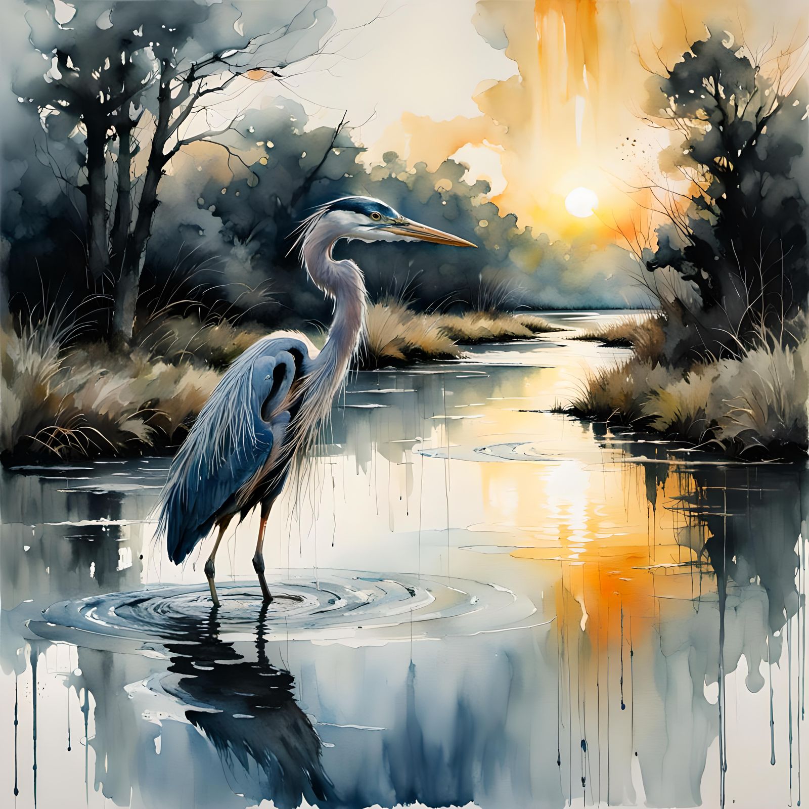 Great Blue Heron in Watercolor and Ink