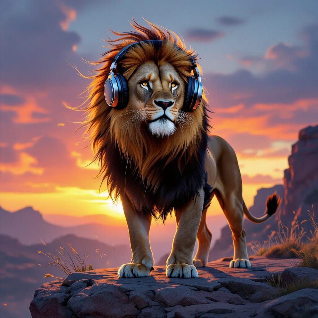 Majestic Lion with Headphones on Cliff at Sunset