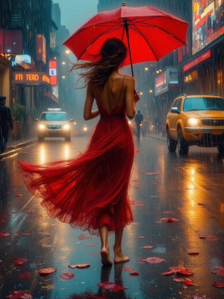 Woman in Red Dress Walks Barefoot in Neon Rain