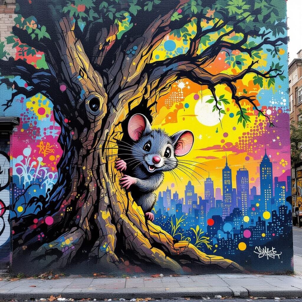 Vibrant Street Art Mouse Mural with Cityscape Background