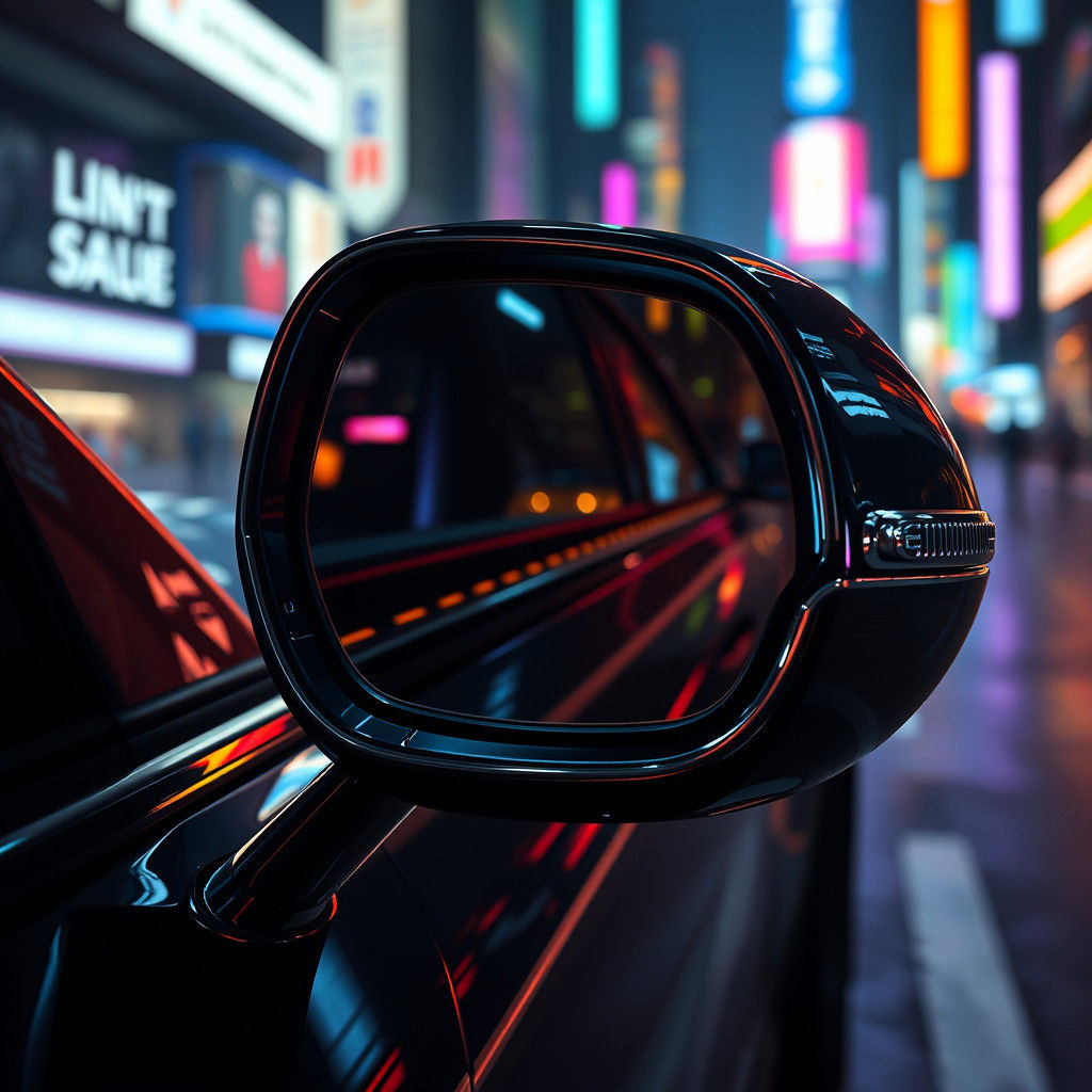 Luxury Car Mirror Reflecting Neon Cityscape