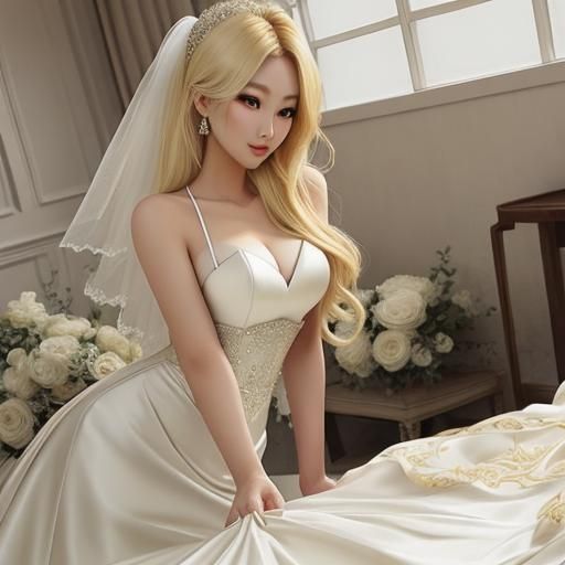 Blonde Asian Twin Girls in Wedding Dresses