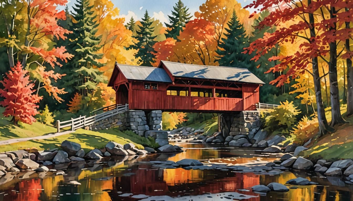 Vermont Covered Bridge in Autumn Gouache Style