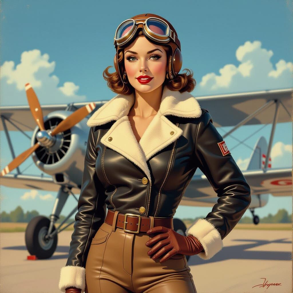 Vintage Aviator Pin-Up Woman with Biplane