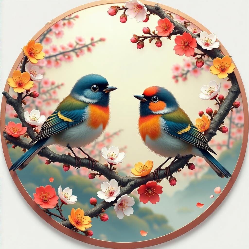 Colorful Songbirds and Blossoms in Anime Style
