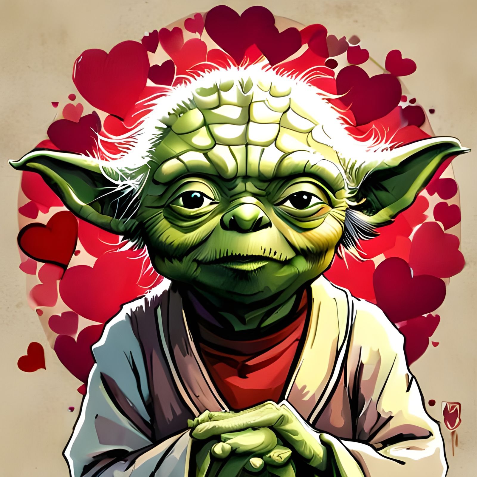 Adorable Yoda Portrait with Hearts, Digital Art