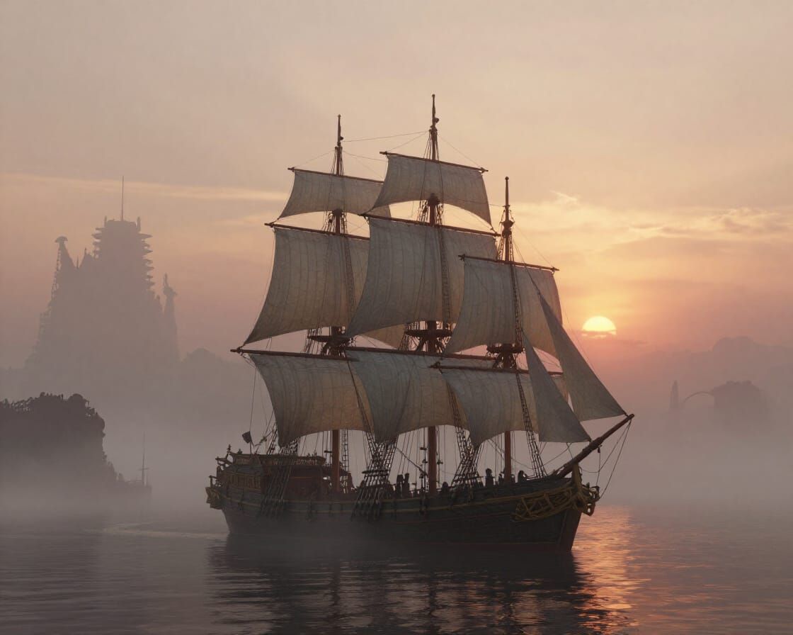 Ethereal Sailboat in Foggy Harbor at Sunset