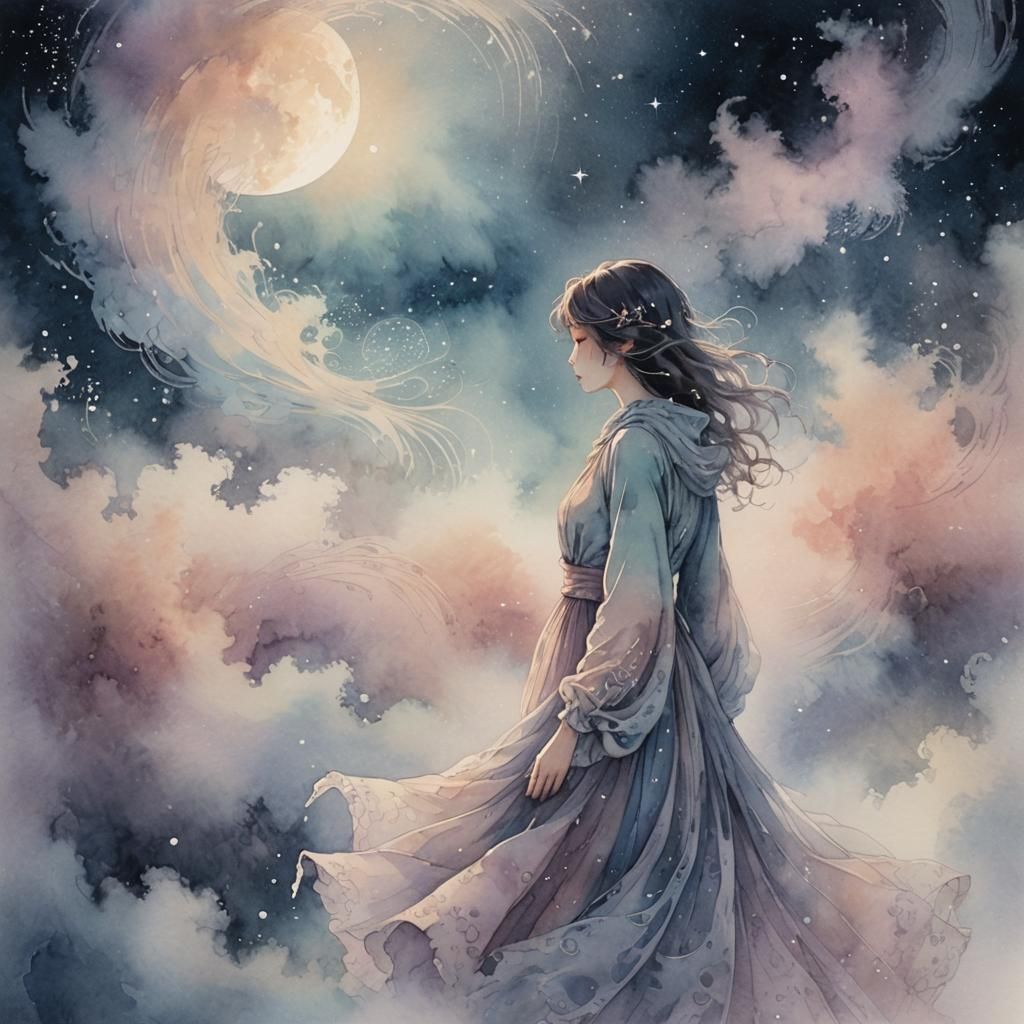 Ethereal Dreamscape with Whispering Figure in Watercolor