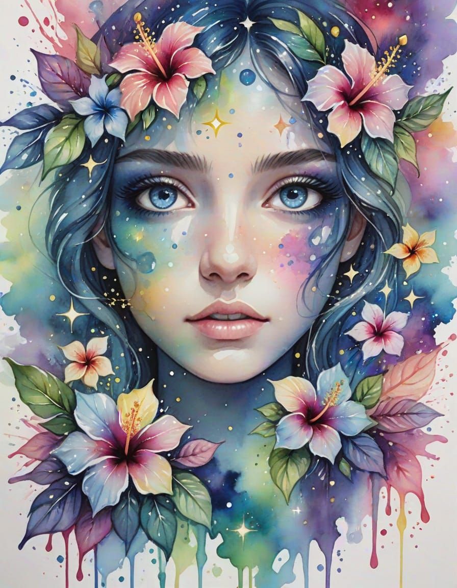 Sapphire Eyes Amidst Stars and Hibiscus in Watercolor Style