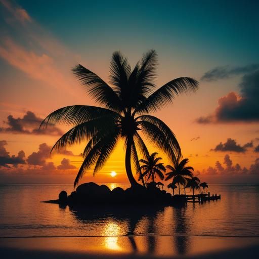 Tropical Beach Sunset with Giant Coconut Tree
