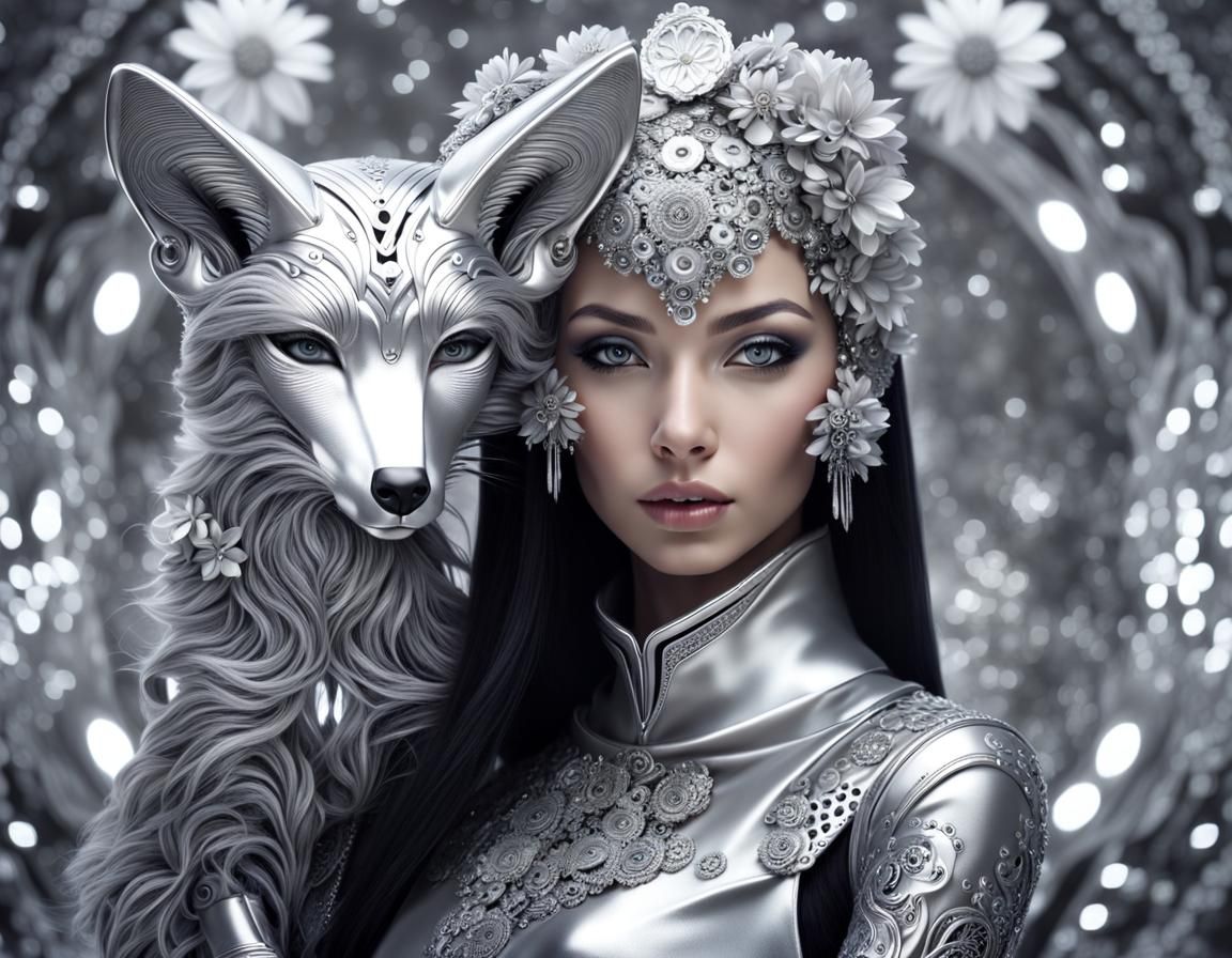 Monochromatic Cyborg Woman with Fox in Silver