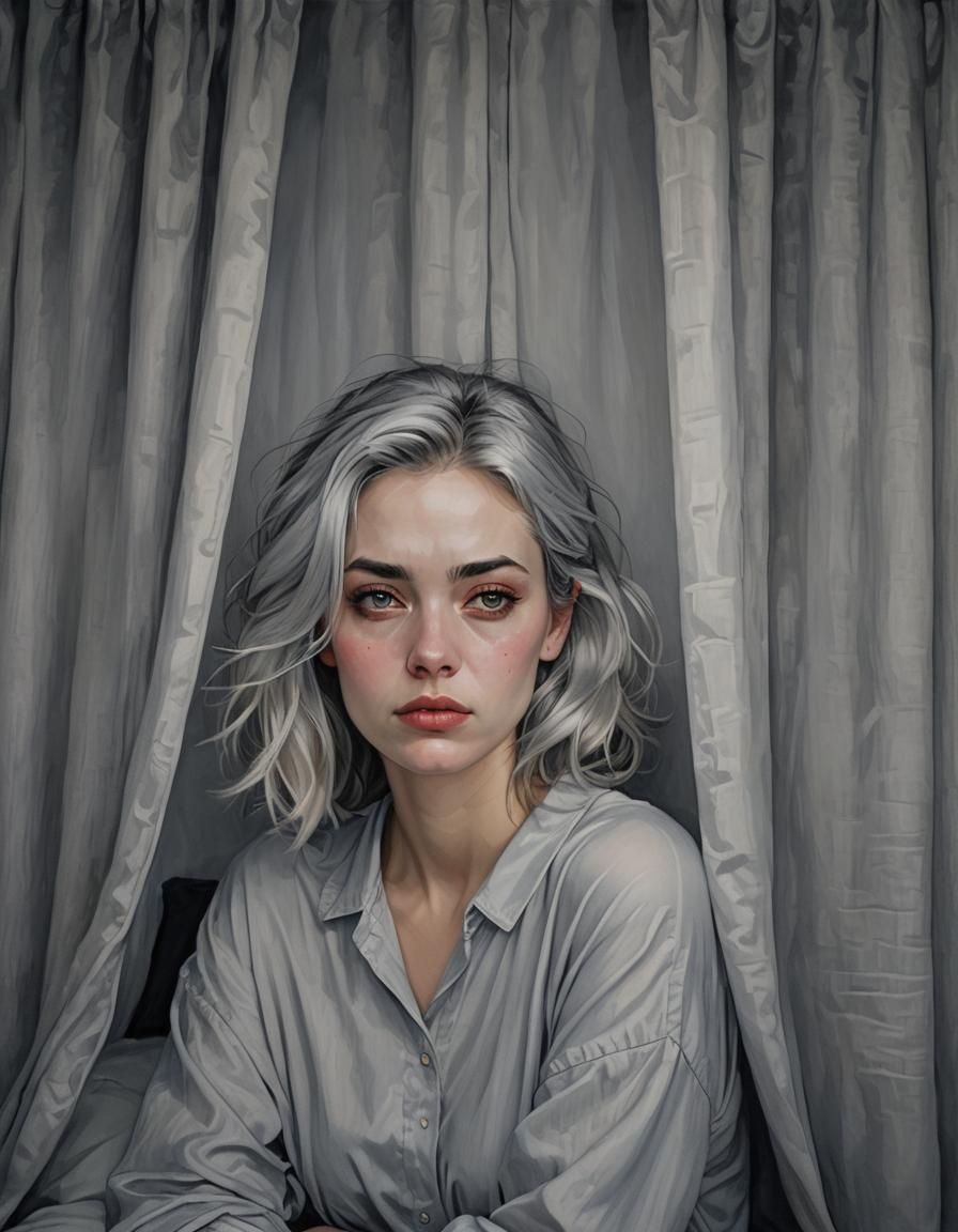 Exhausted Woman Squints at Sunrise, Insomnia Art