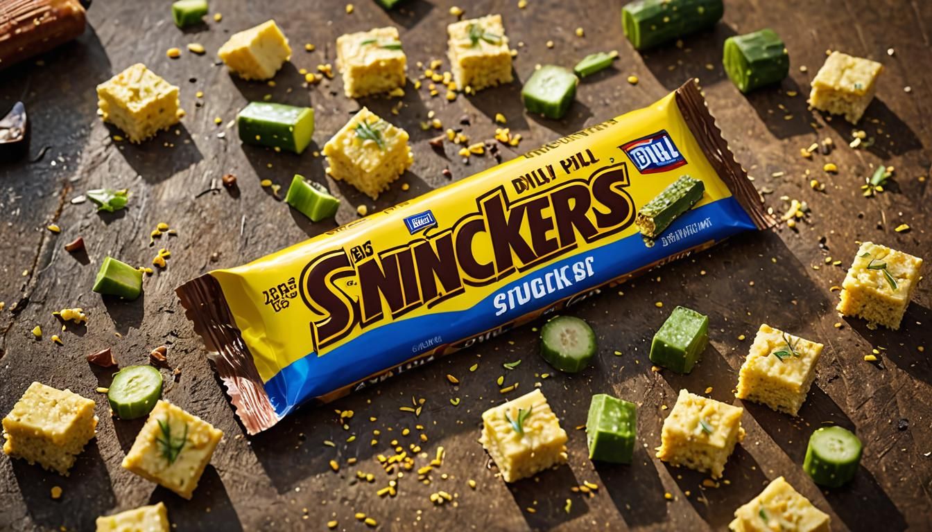 Snickers new candy bar, a dill pickle surrounded by yellow sponge cake