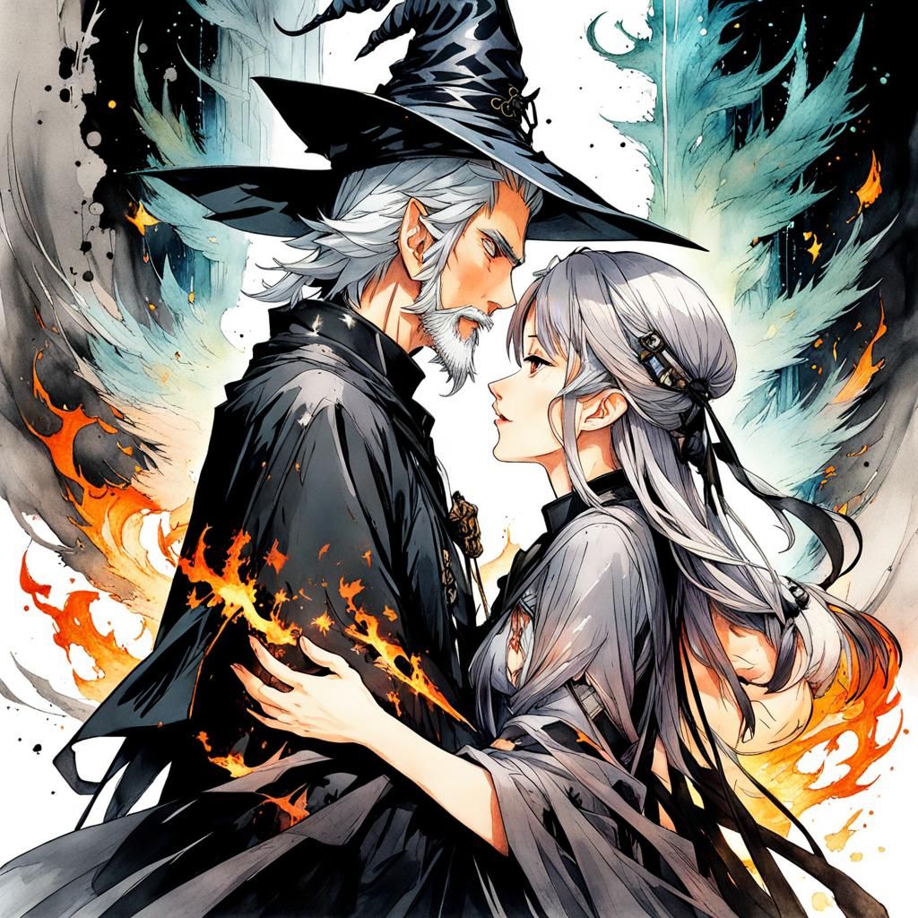 Anime Characters Embrace in Ink and Watercolor