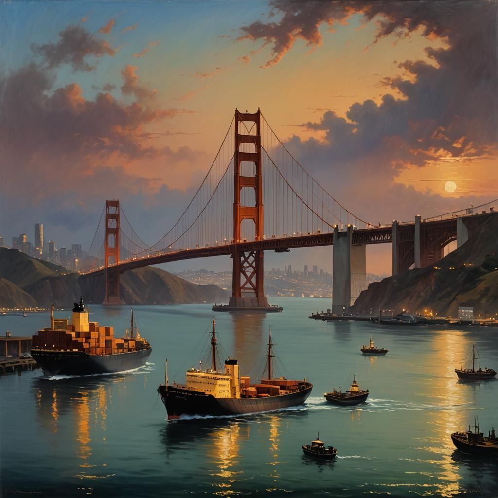 The Golden Gate Bridge at dusk with a cargo container ship approaching and the city skyline in the background oil painti...