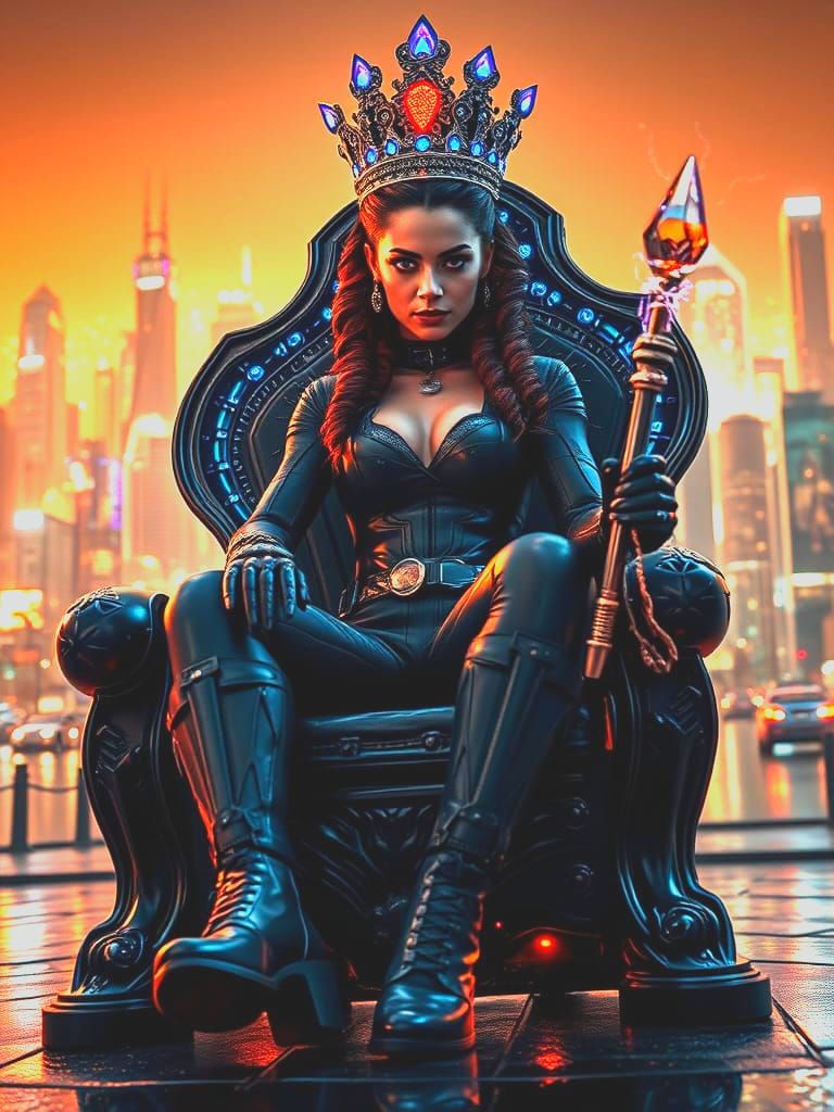 Cyberpunk Queen of Hearts Rules Futuristic Kingdom