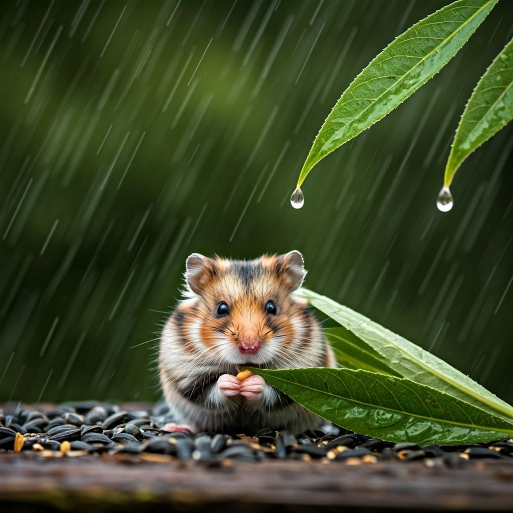 A tiny hamster, fur fluffed up against the chill, sits nestl...