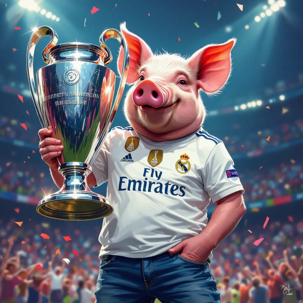Pig Thief Celebrates with Champions League Trophy