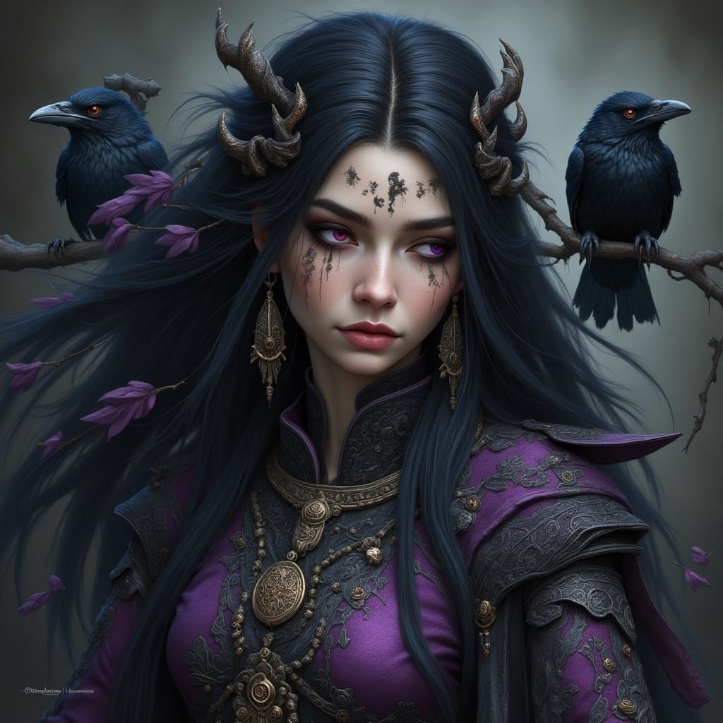 Raven Priestess Portrait with Purple Eyes in Gothic Style