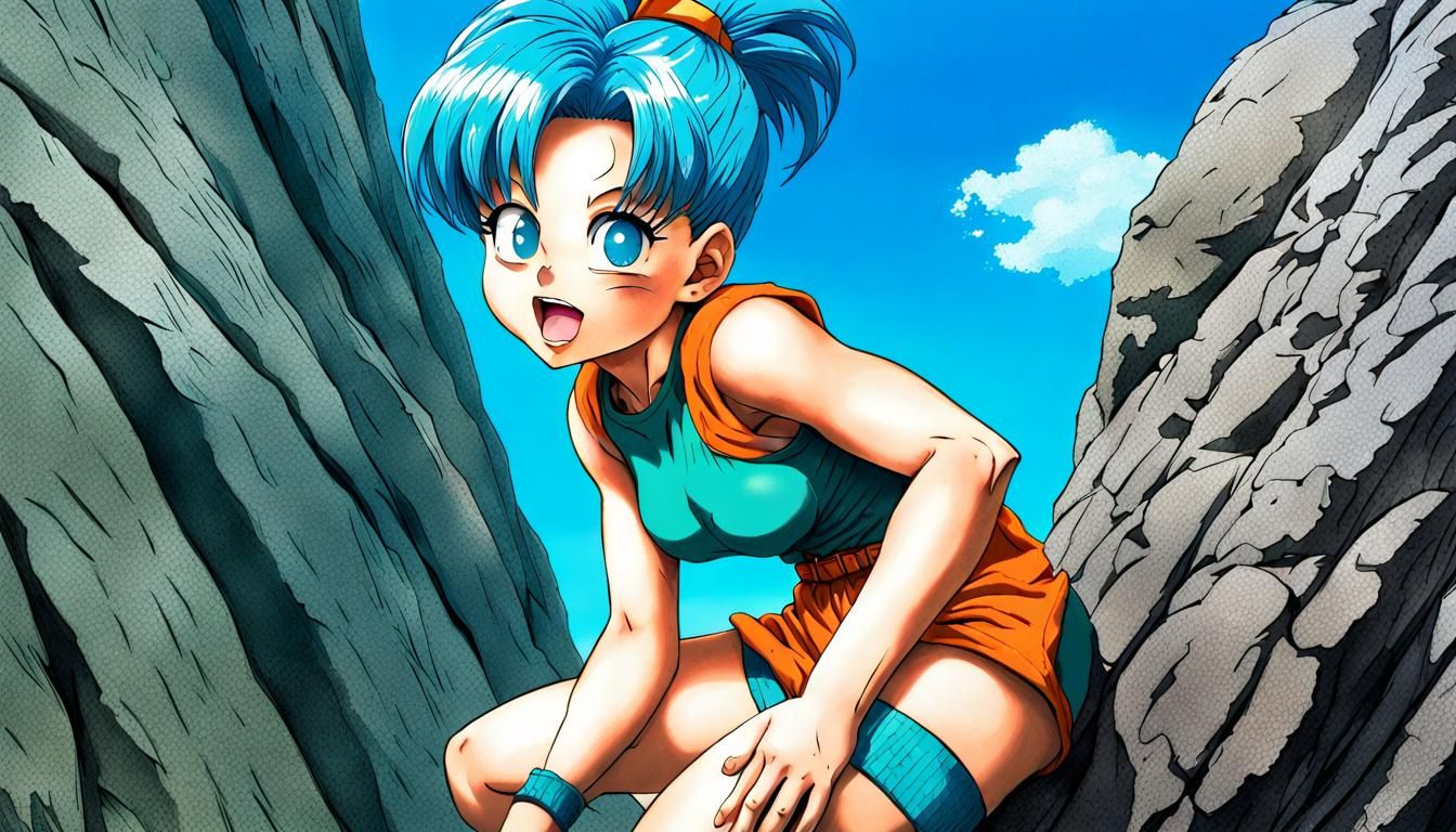Hyperrealistic Bulma from Dragon Ball Climbing Rocks