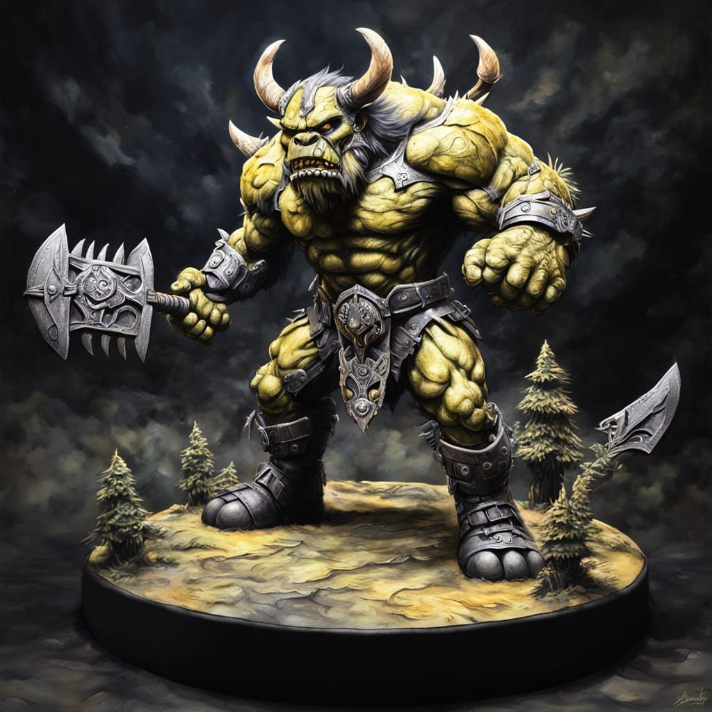 Muscular Ork Warrior in Noire Monochrome Watercolor