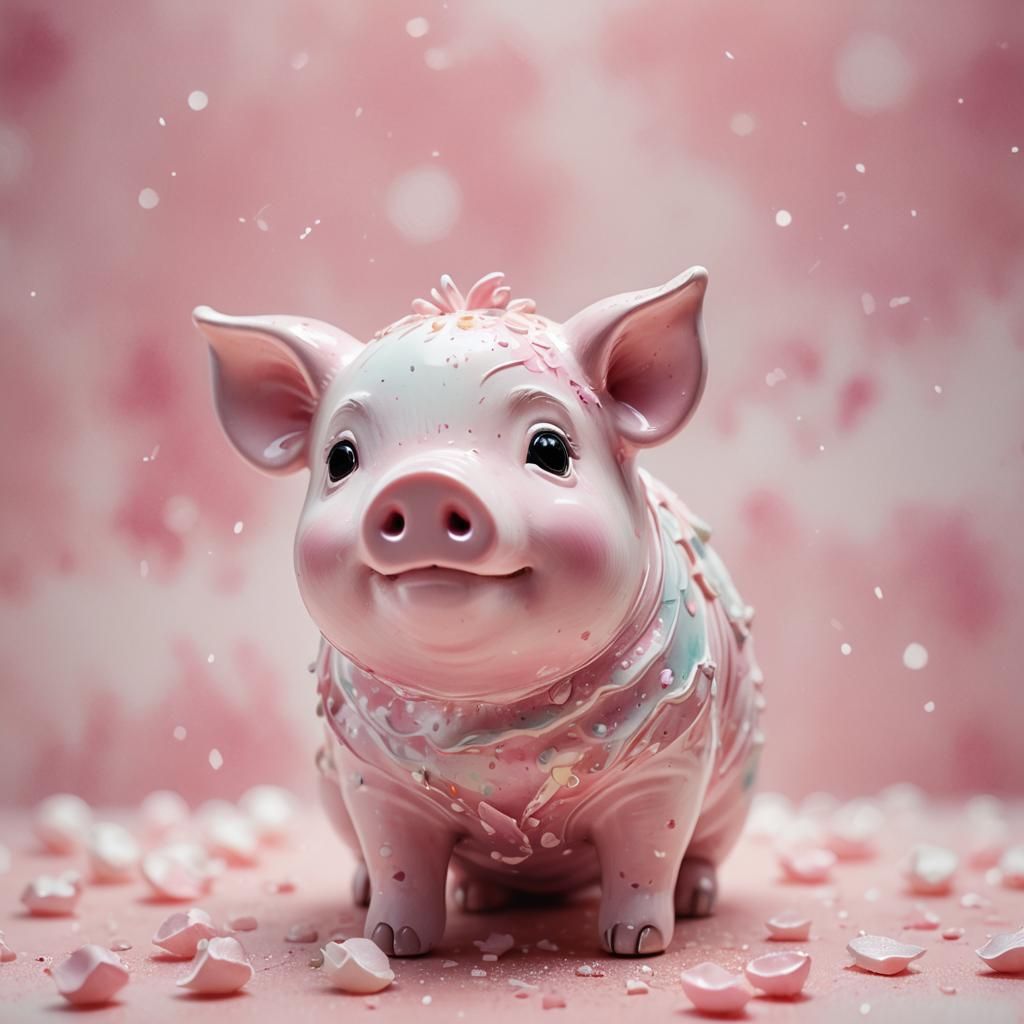 Enameled Ceramic Pig Figurine in Watercolor Splatters