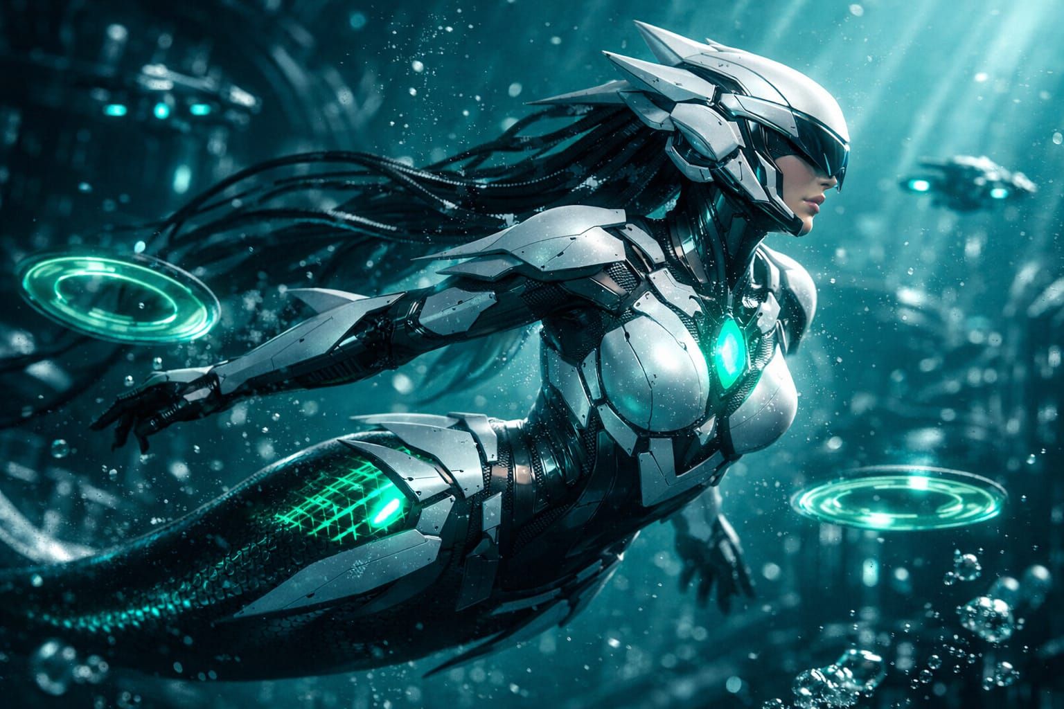 Cybernetic Mermaid Hero in Futuristic Abyss