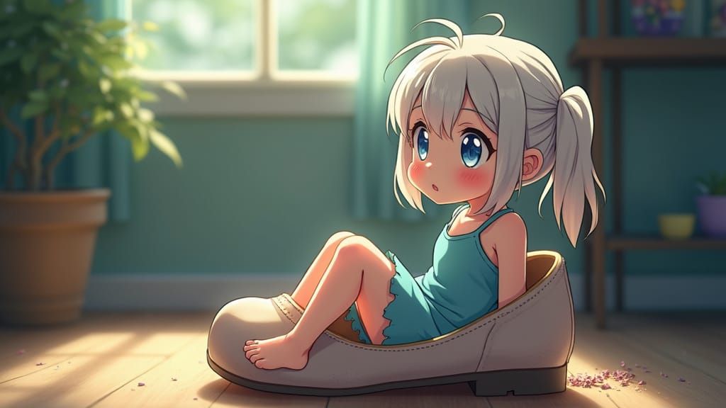 Shy Anime Girl Inside a Giant Shoe