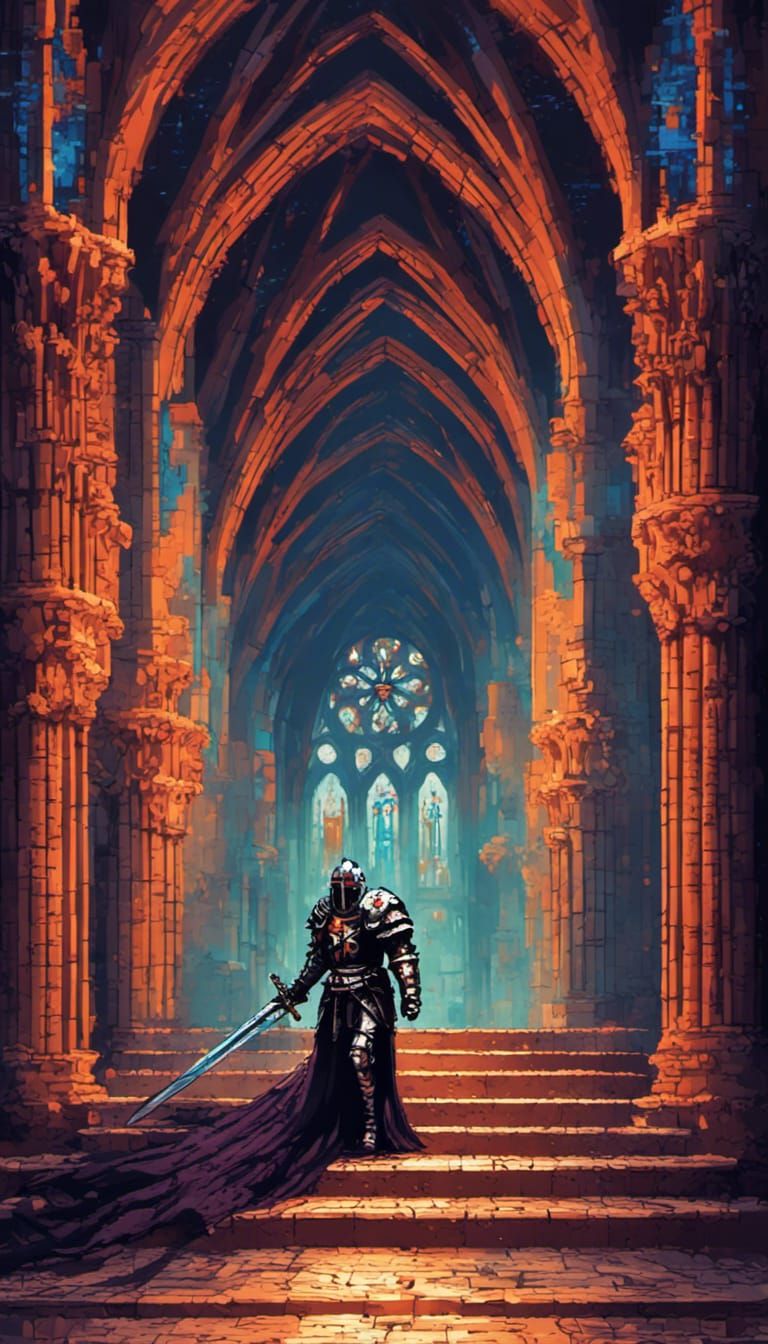 Pixel Art Knight Templar Fight in Gothic Cathedral