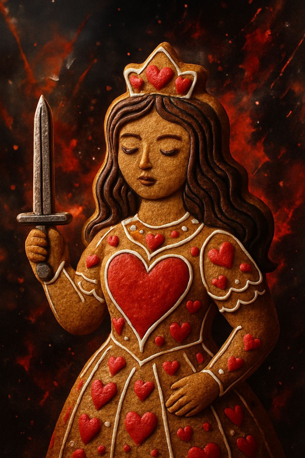 Gingerbread Queen of Hearts with Sword, Hyperrealistic