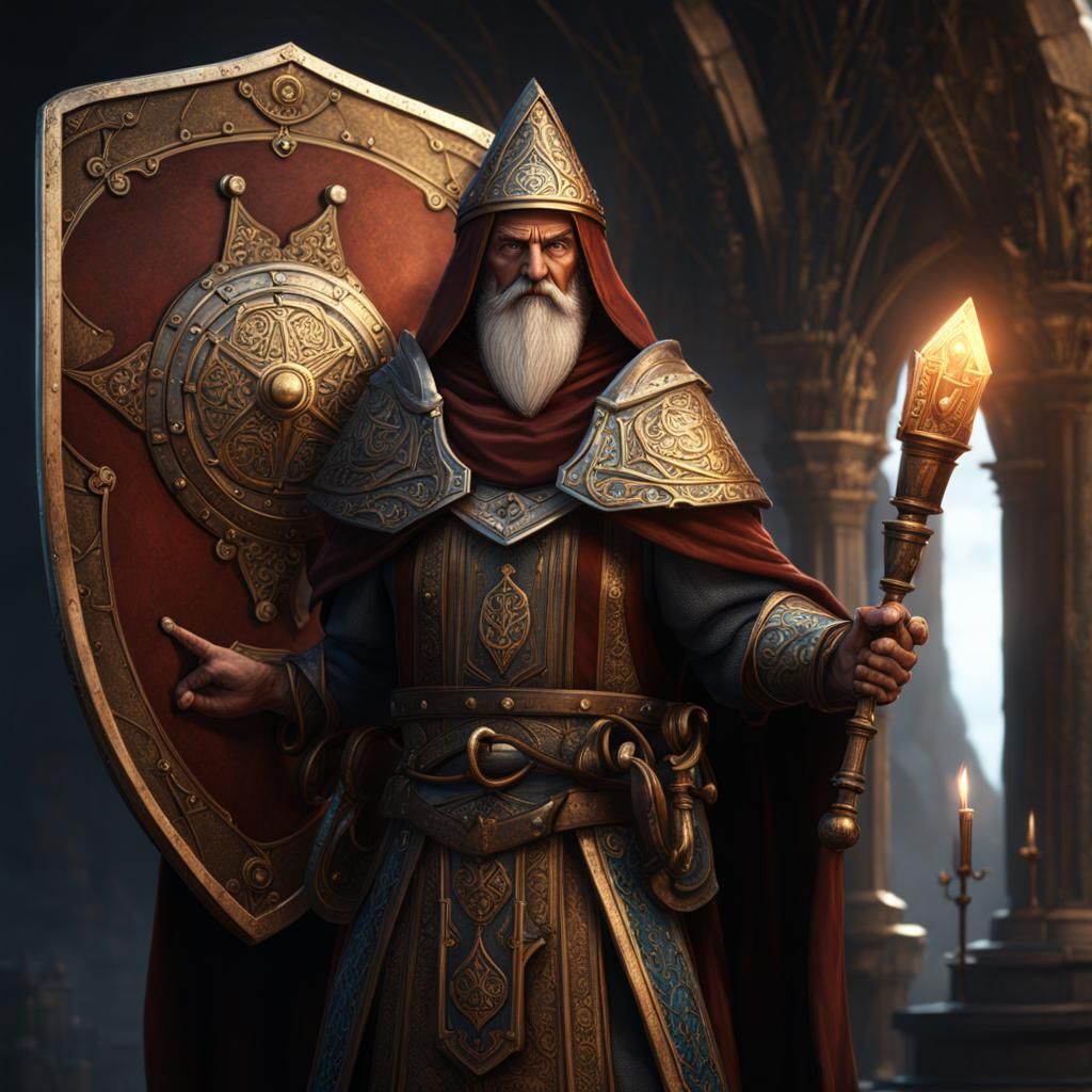 Cleric with Weight Scale Shield: Fantasy Concept Art