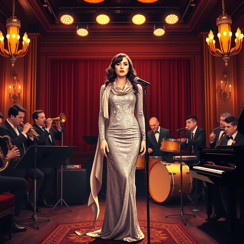 A 1930's big band playing with a.stunning brunette female singer in front