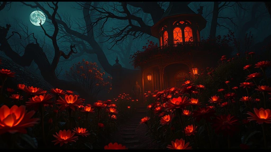 Dark Fantasy Garden at Night, A Haunting Masterpiece