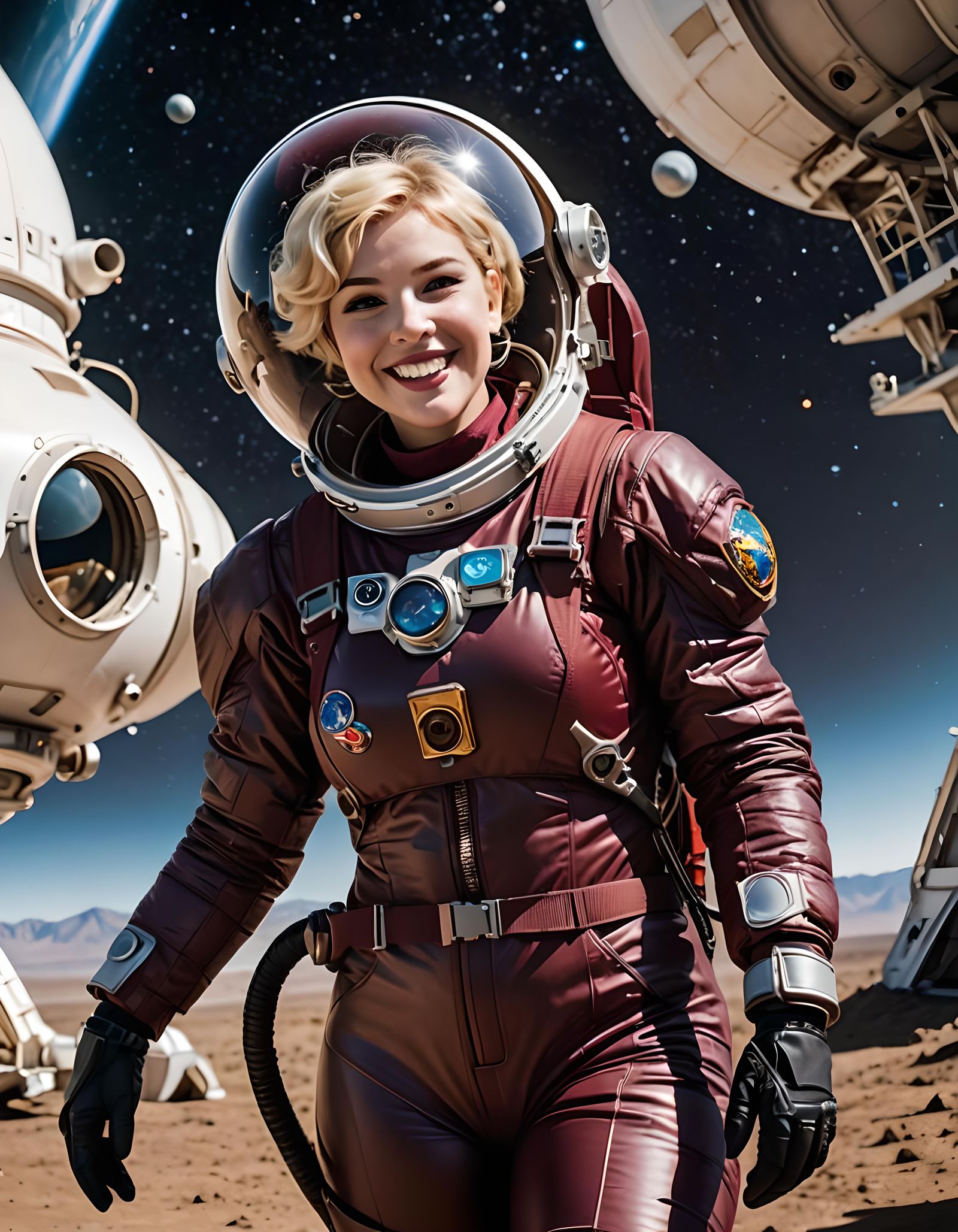 Voluptuous Blonde in Spacesuit Orbiting Alien World