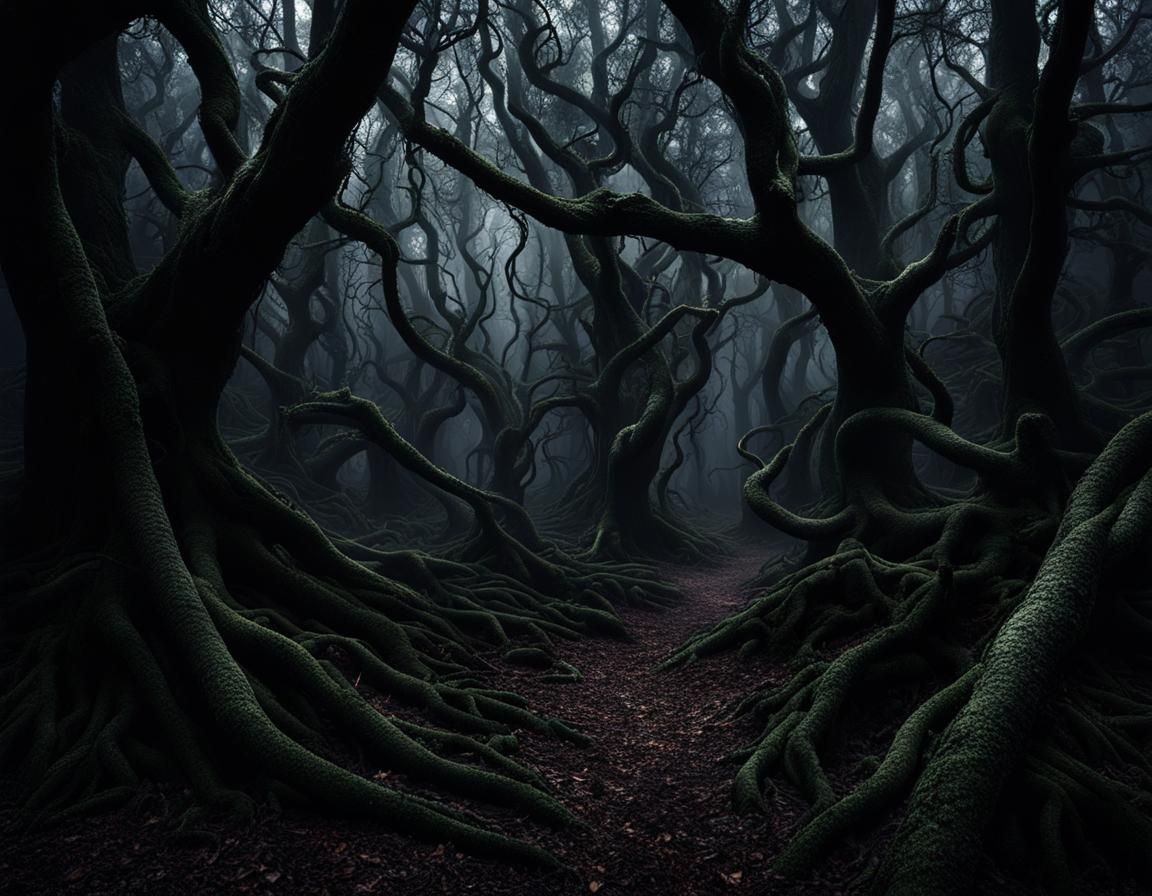 Haunted Forest with Twisted Trees in Dramatic Lighting