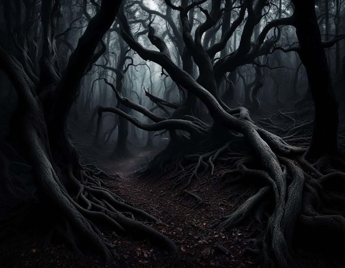 Haunted Forest with Twisted Trees in Dramatic Lighting