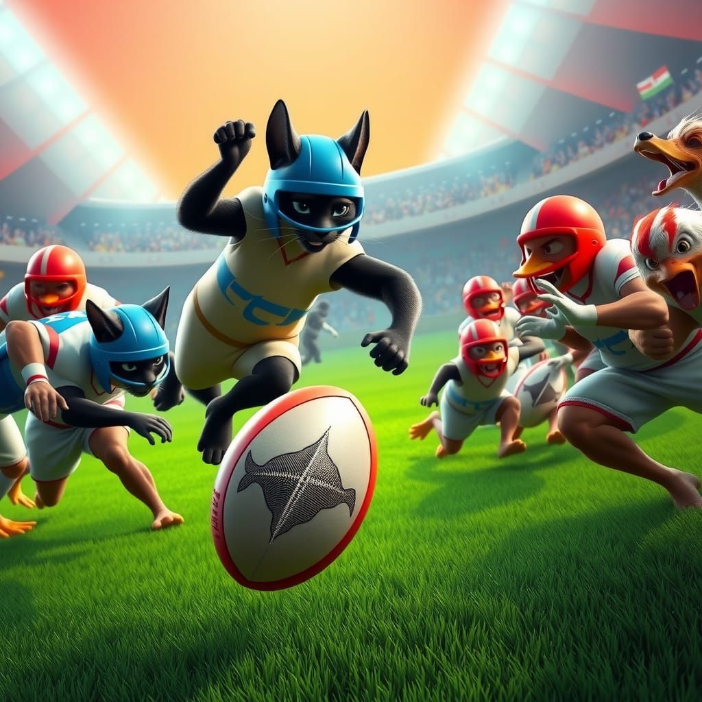 Frenetic Rugby Match Between Siamese Cats and Molossi Dogs i...