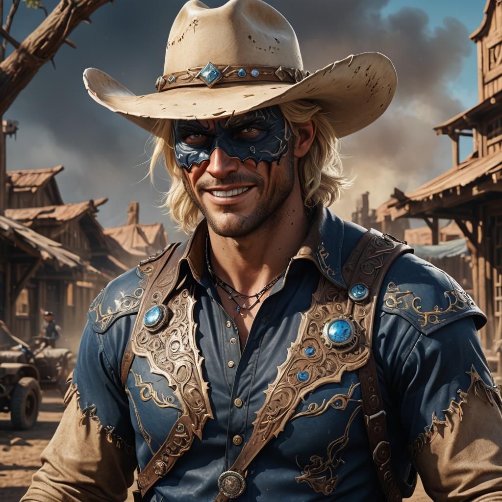 Handsome Masked Cowboy Grinning in Detailed Digital Art