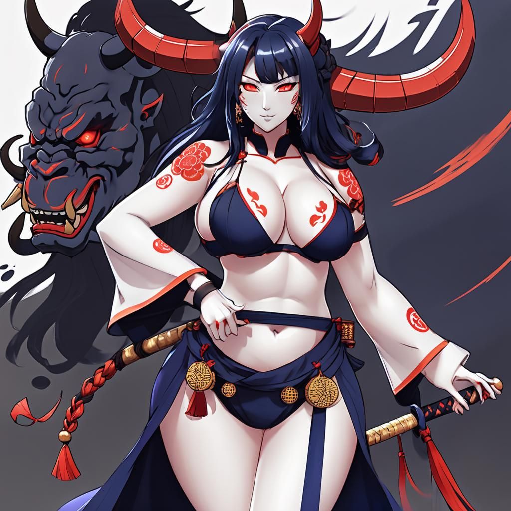 Beautiful Curvy Female Oni in Anime Style