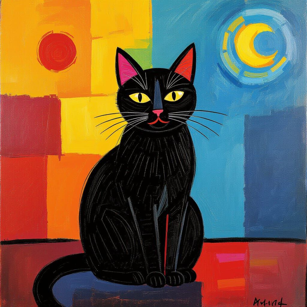 Black Cat in Expressionist Neo-Impressionism Style