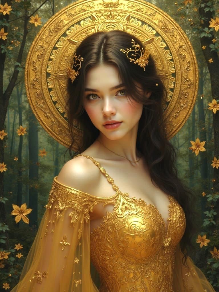 Art Nouveau Woman Portrait in Lush Forest, Klimt Inspired