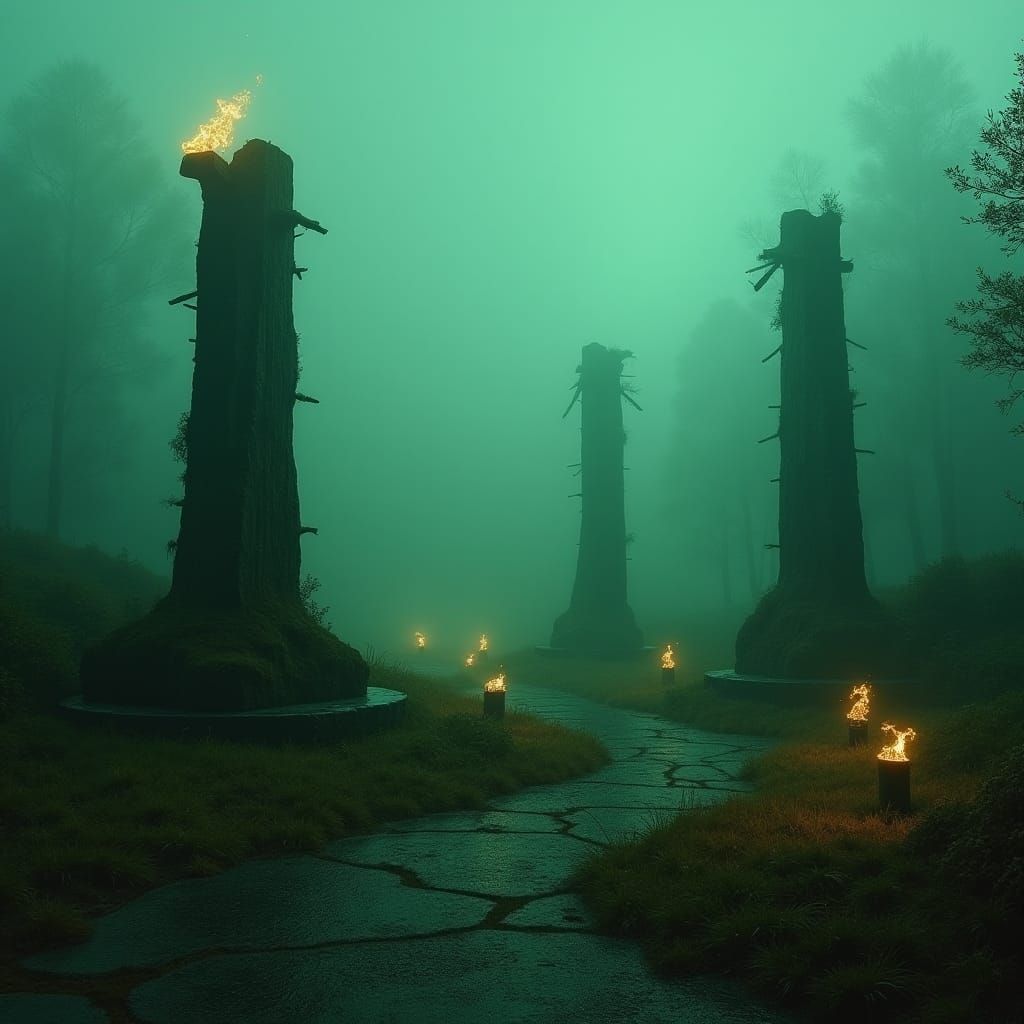 Mystical Clearing with Ancient Monuments in Surreal Style