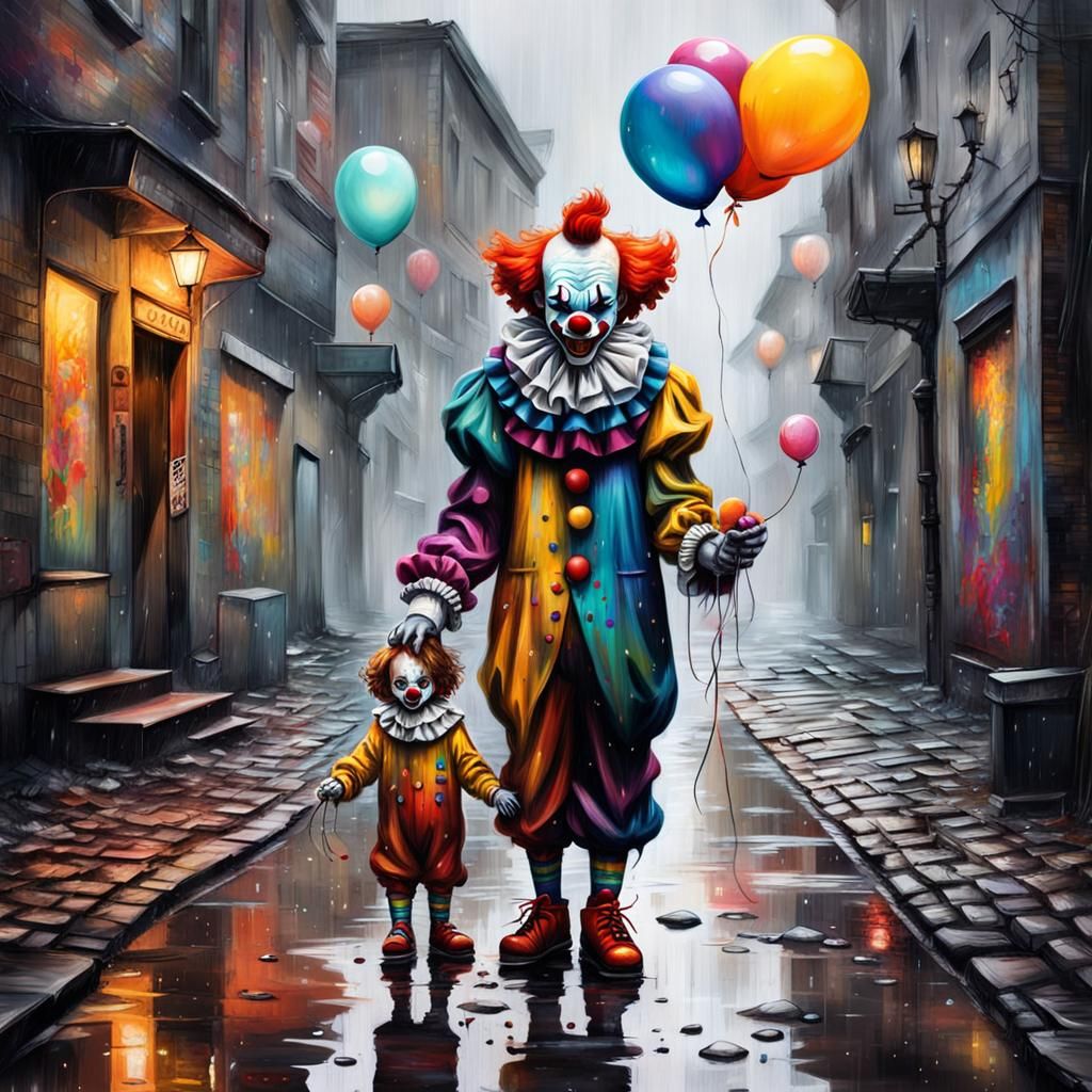 Creepy Clown and Child in Rainy Graffiti Street