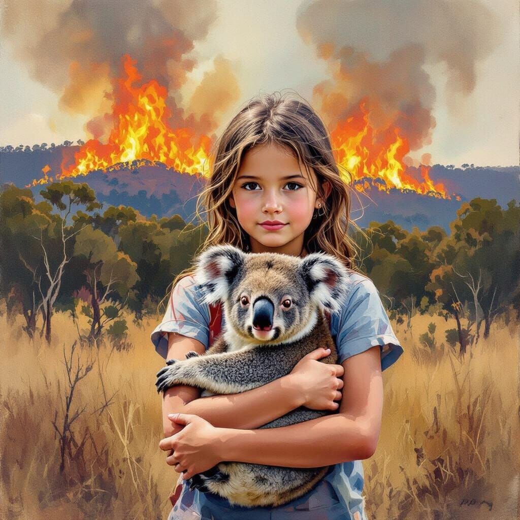 Girl Protects Koala Amidst Australian Bushfire