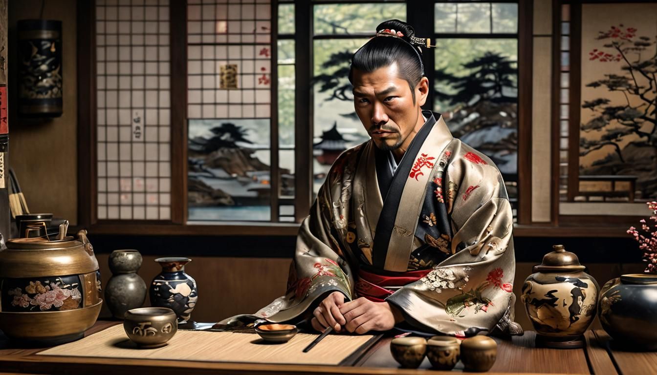 Samurai in Salon Overlooking Fishing Village