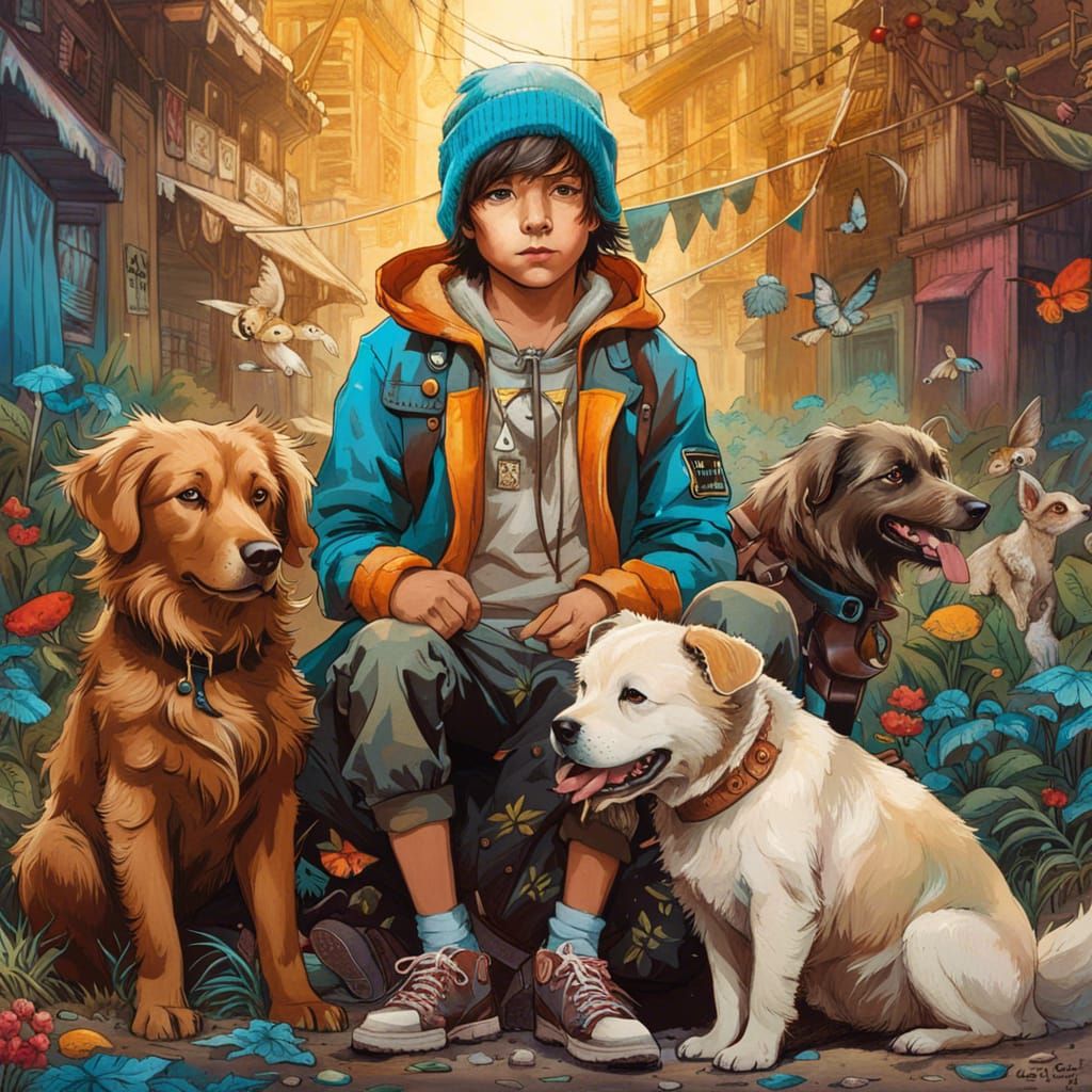 Boy and Dog in Whimsical Fantasy Art Style