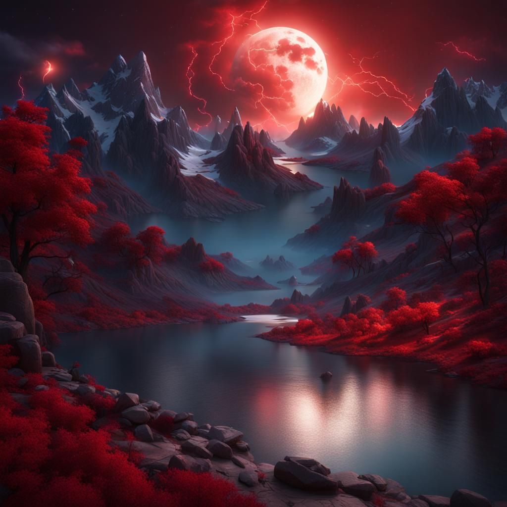 Mountains with Lake, Red Lightning: Fantasy Concept Art