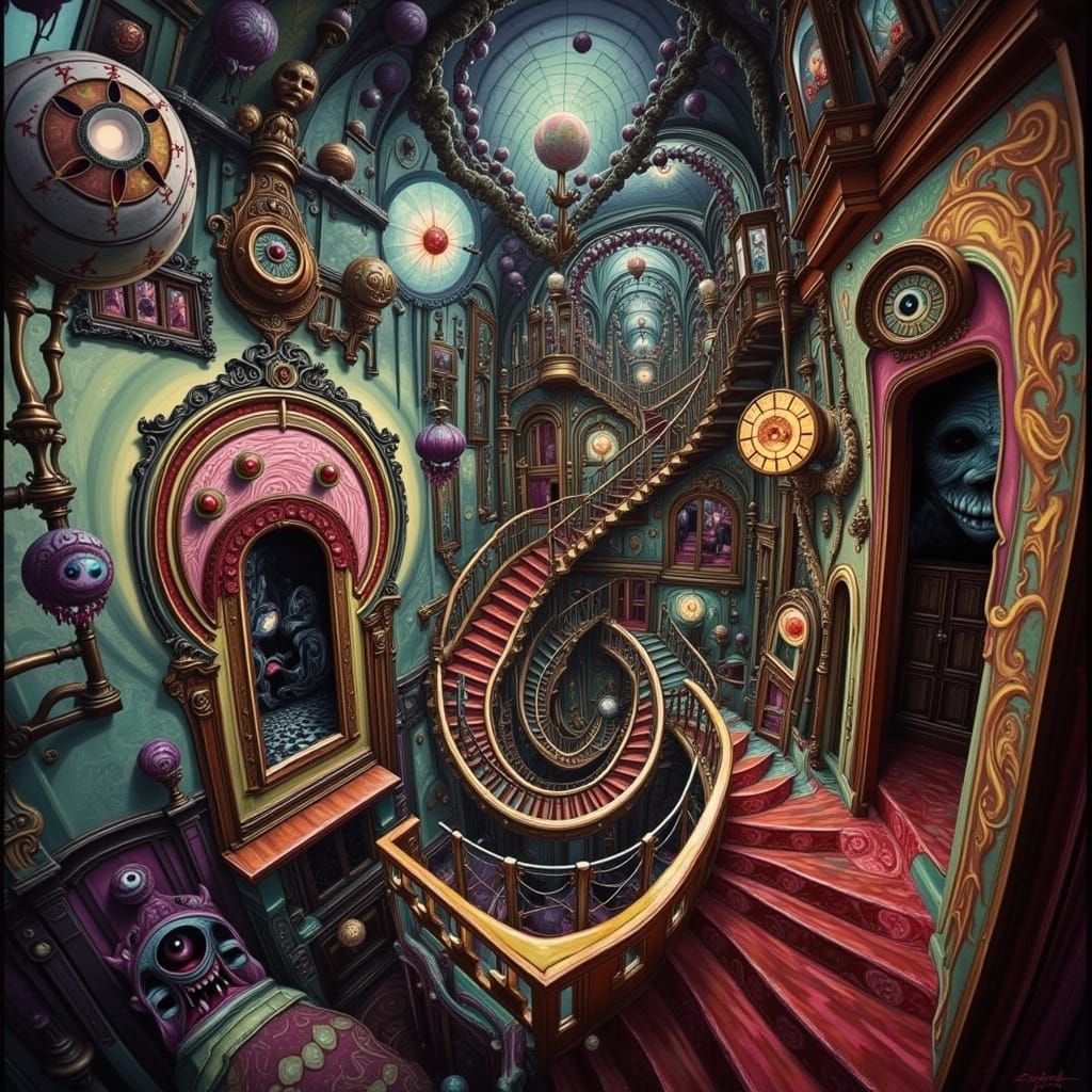 Surreal Funhouse Interior With Twisted Hallways and Mirrors